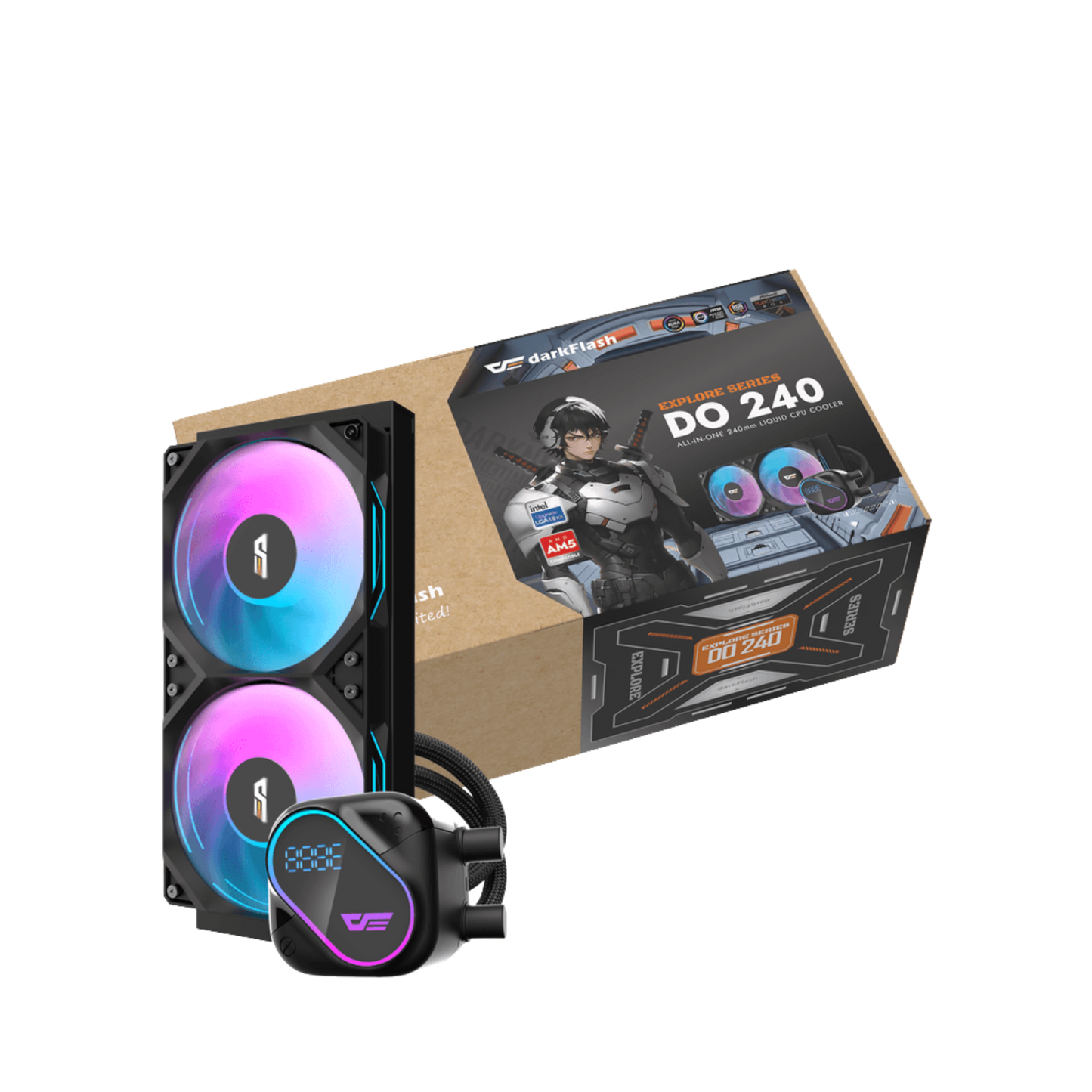 DARKFLASH EXPLORE DO240 ARGB AIO 240MM LIQUID CPU COOLER W/ DIGITAL DISPLAY