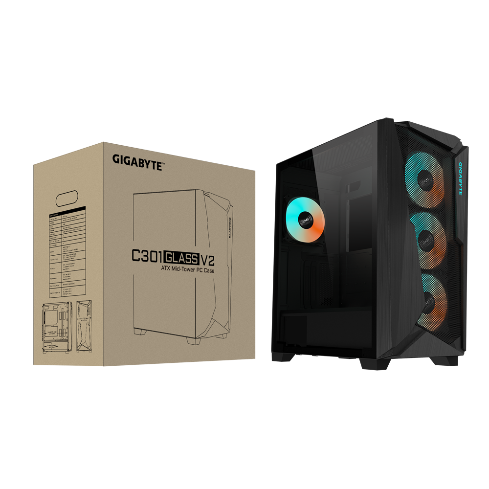 GIGABYTE C301G V2 MID TOWER CASE W/ TEMPERED GLASS, 4 ARGB FANS (BLACK)