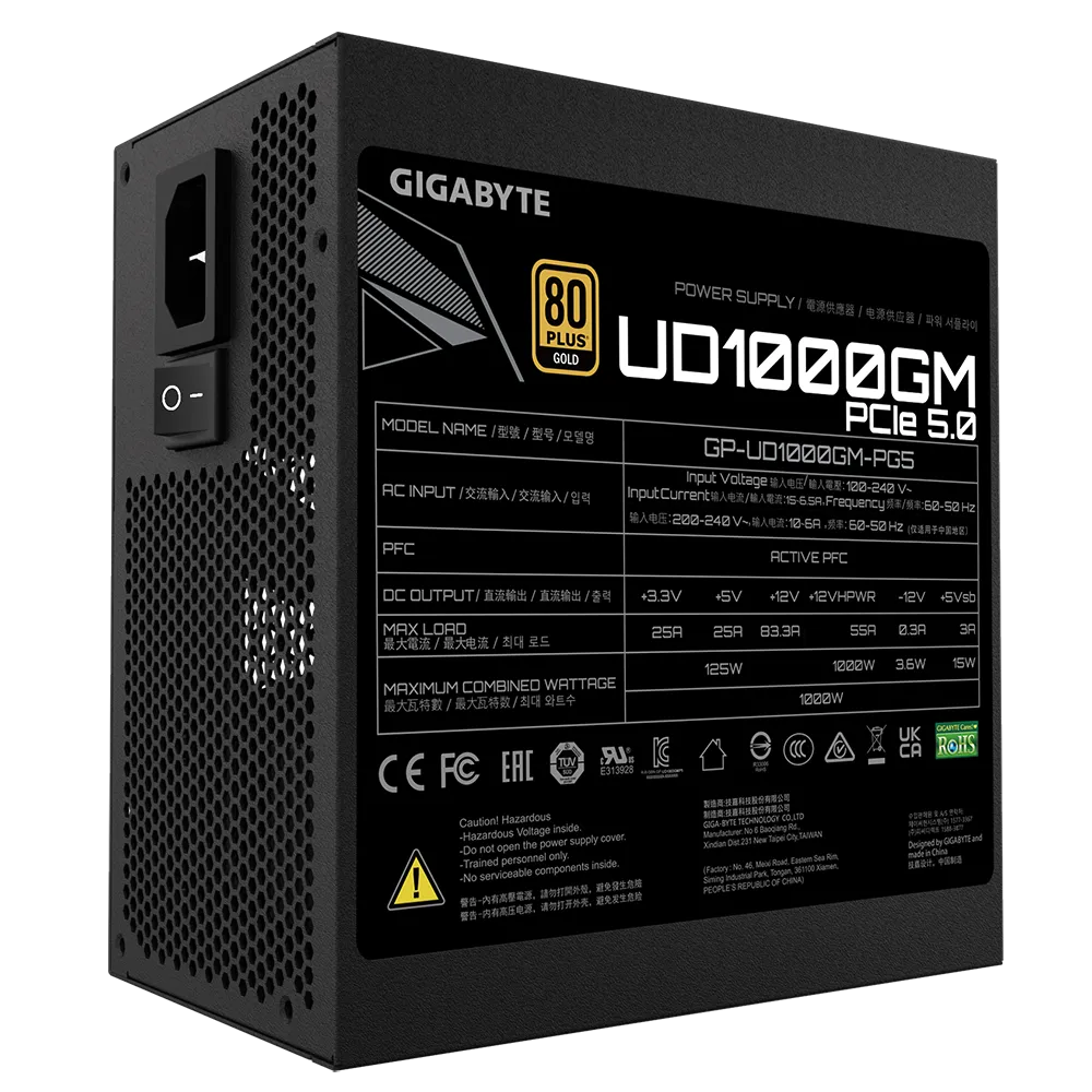 GIGABYTE UD1000GM PG5 1000W PCIE GEN 5.0 1X120MM FAN, 8SATA, 4PCIE, ACTIVE PFC, MODULAR, 80-PLUS GOLD