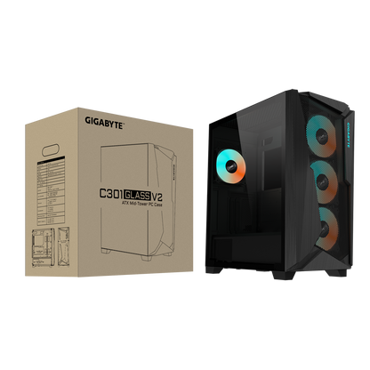 GIGABYTE C301G V2 MID TOWER CASE W/ TEMPERED GLASS, 4 ARGB FANS (BLACK)