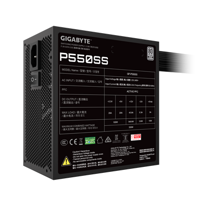 GIGABYTE P550SS 550W 1X120MM FAN, 5SATA, 2PCIE, ACTIVE PFC, 80PLUS SILVER