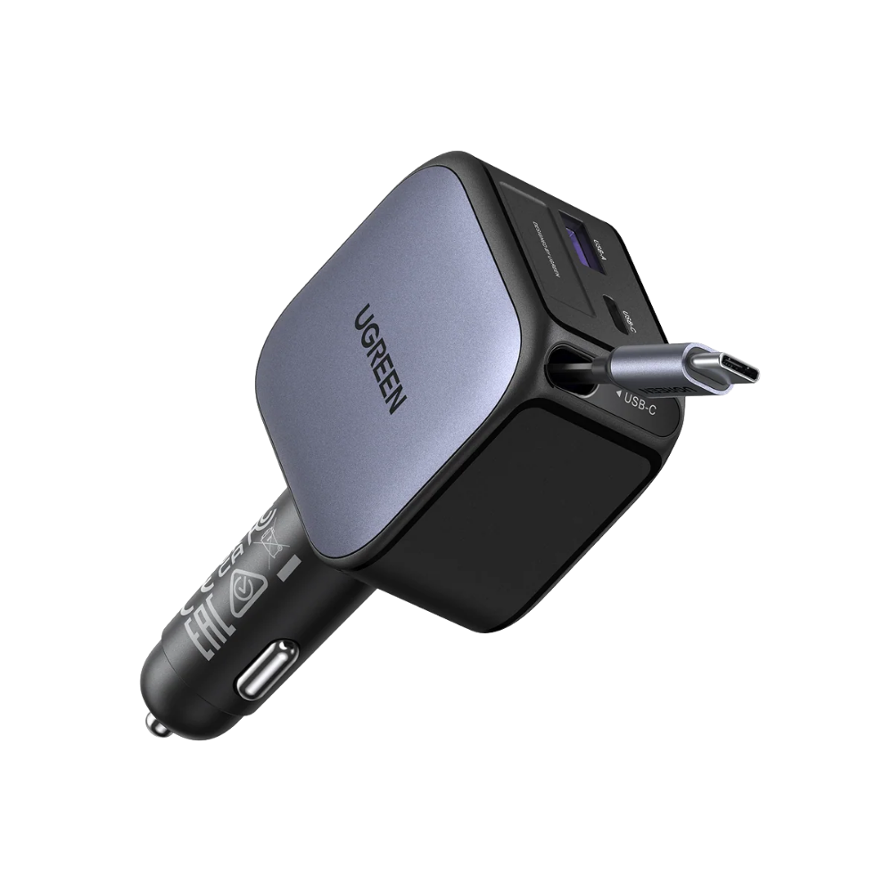 UGREEN EC603 90W FAST CAR CHARGER (1XUSB-A, 1XUSB-C) W/ RETRACTABLE USB-C CABLE (0.7M)