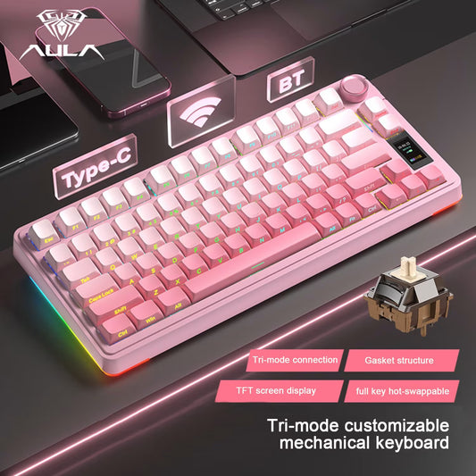 AULA S75 PRO GASKET TRI-MODE MECHANICAL KEYBOARD W/ KNOB & LCD DISPLAY SCREEN (LINEAR SWITCH/SWAPPBL) PINK GRADIENT
