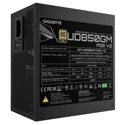 GIGABYTE UD850GM PG5 V2 PCIE5 850W 1X120MM FAN, 8SATA, 5PCIE, ACTIVE PFC, MODULAR, 80-PLUS GOLD