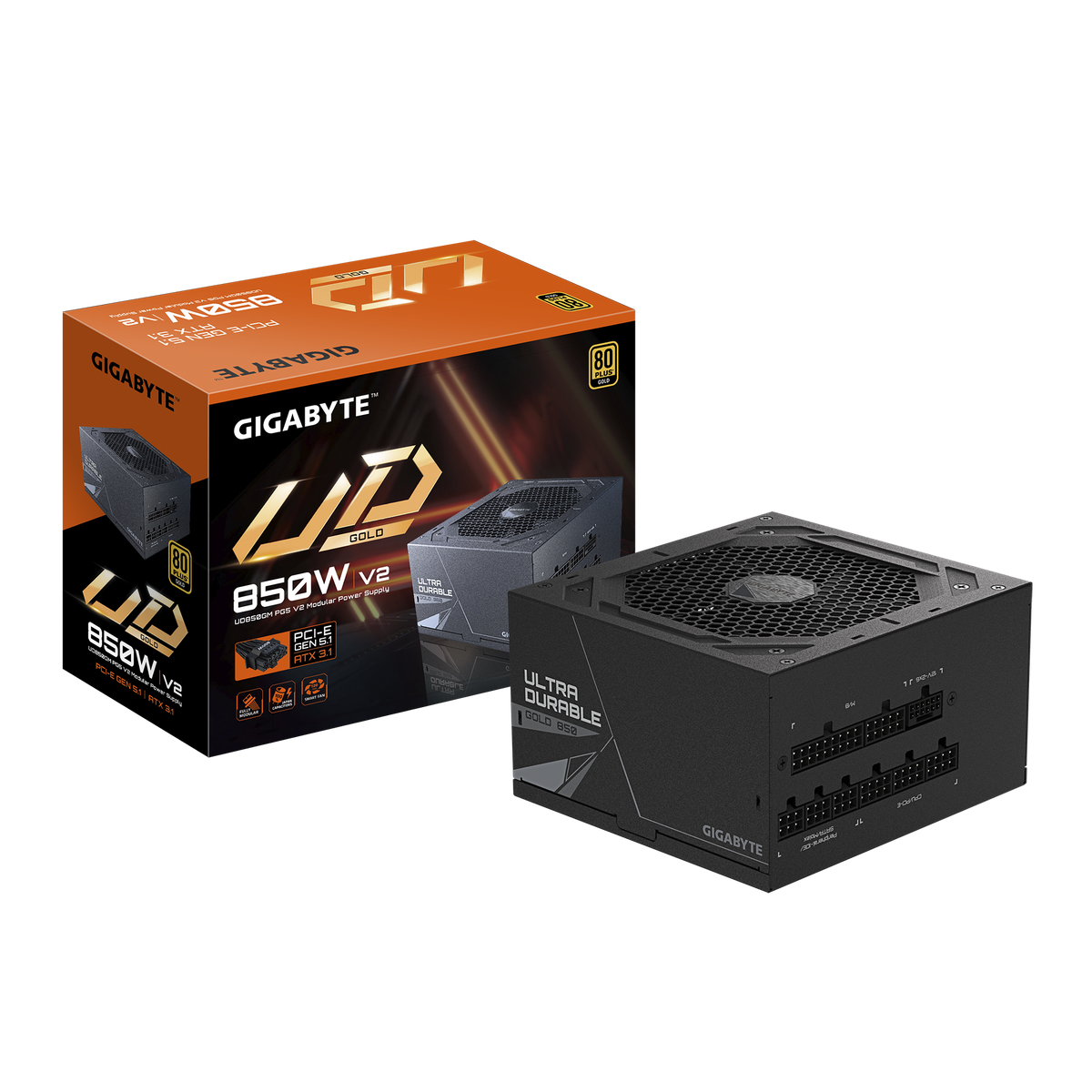GIGABYTE UD850GM PG5 V2 PCIE5 850W 1X120MM FAN, 8SATA, 5PCIE, ACTIVE PFC, MODULAR, 80-PLUS GOLD