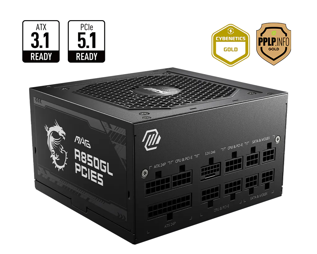 MSI MAG A850GL PCIE5 850W 1X120MM FAN, 8SATA, 6PIN PCIE, ACTIVE PFC, 80PLUS GOLD