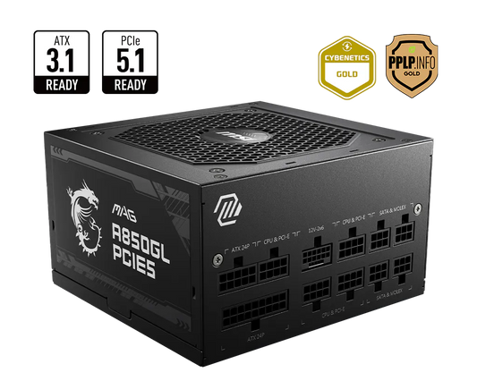 MSI MAG A850GL PCIE5 850W 1X120MM FAN, 8SATA, 6PIN PCIE, ACTIVE PFC, 80PLUS GOLD